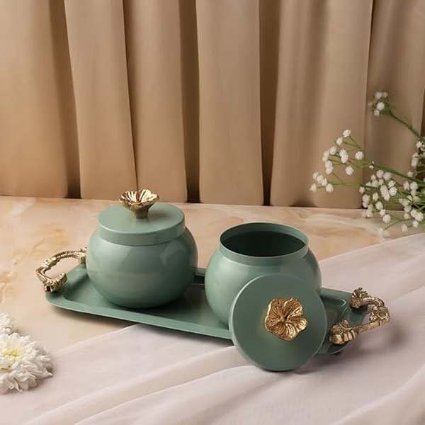 Luxury Dual Jar Set with Tray – Pastel Green & Gold-Giftii